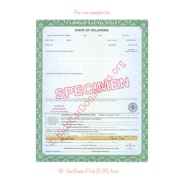 This is an Example of Oklahoma Certificate of Title (11-05) Front View | Kids Car Donations